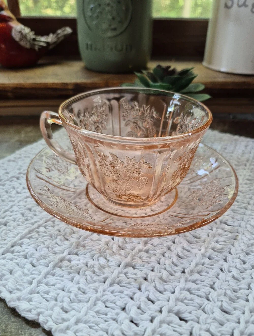 2pc. Vintage FEDERAL GLASS SHARON CABBAGE ROSE PINK TEA CUP & SAUCER Set